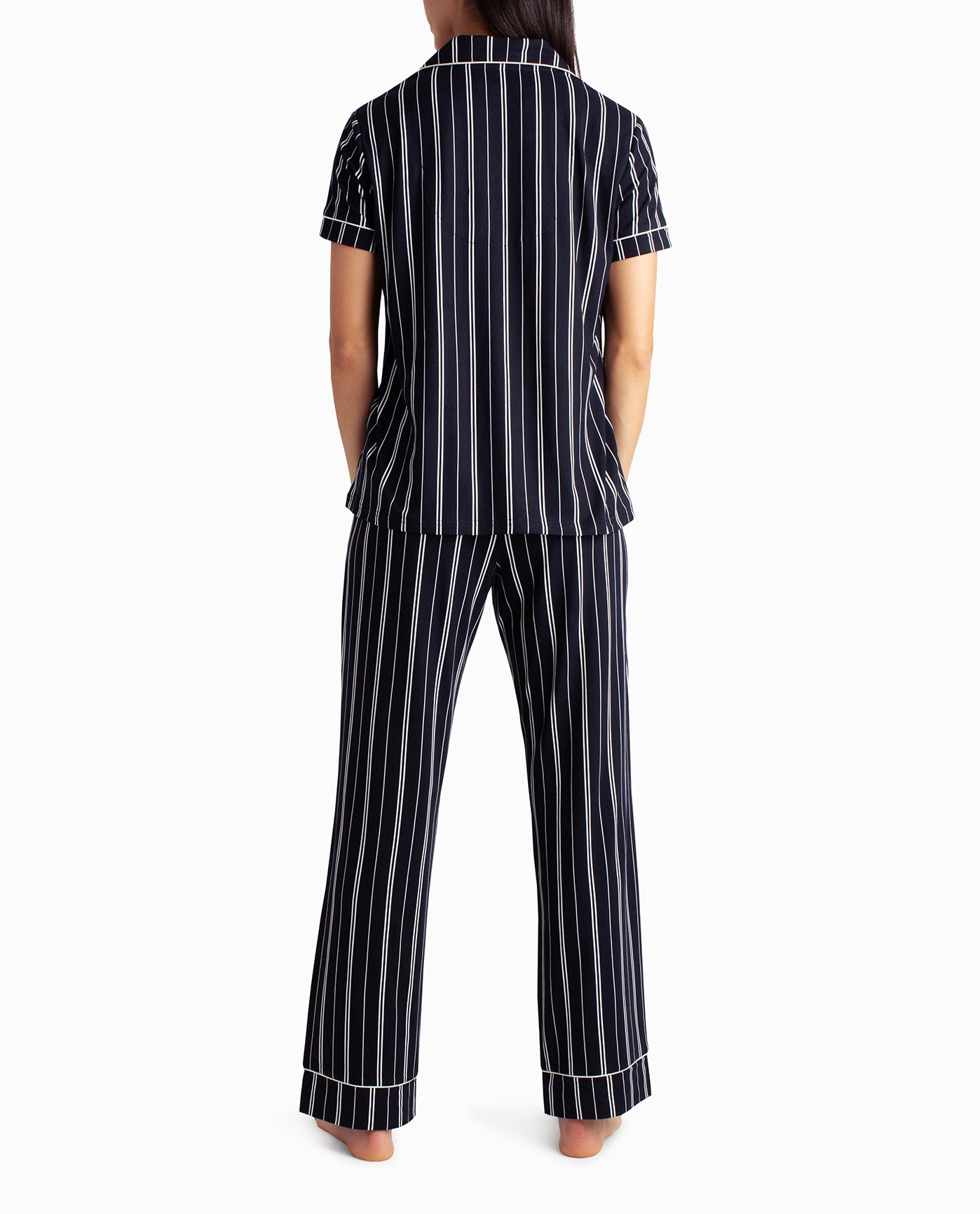 BACK OF PEACHED JERSEY SHIRT AND PANT TWO-PIECE SLEEPWEAR SET | Stormy Night Vertical Stripe