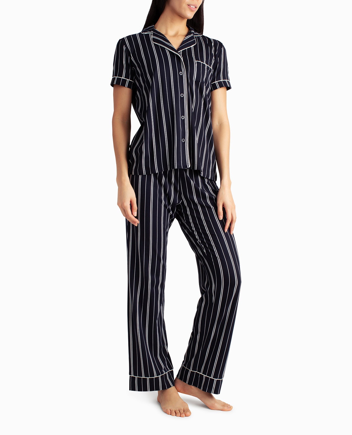 SIDE OF PEACHED JERSEY SHIRT AND PANT TWO-PIECE SLEEPWEAR SET | Stormy Night Vertical Stripe