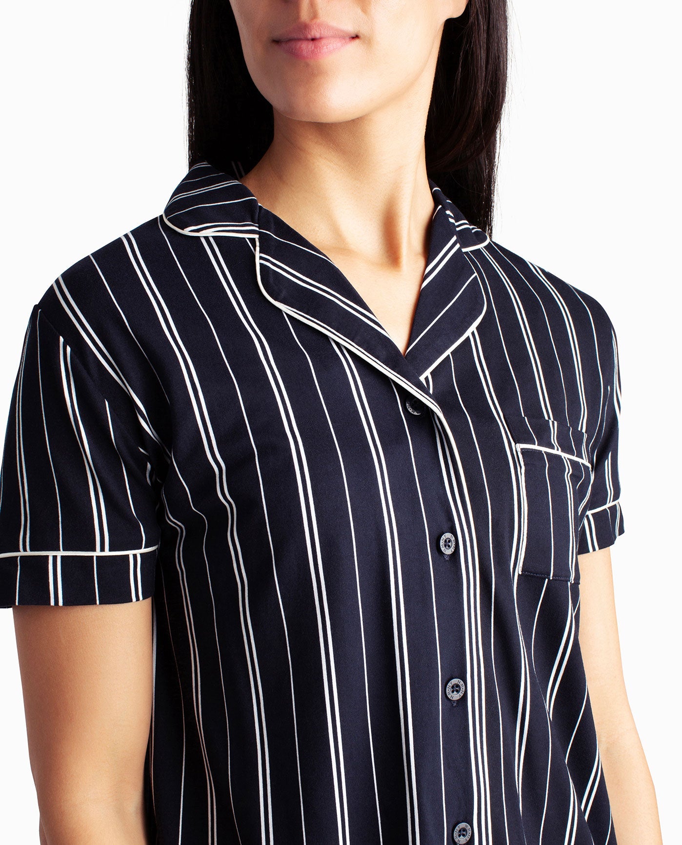 NECKLINE OF PEACHED JERSEY SHIRT AND PANT TWO-PIECE SLEEPWEAR SET | Stormy Night Vertical Stripe