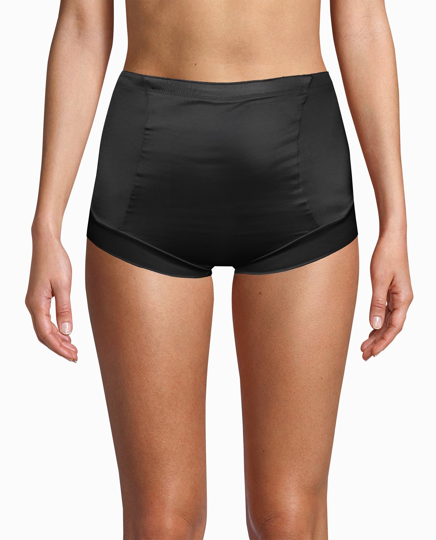 FRONT OF BLACK SHINY MICRO HIGH WAISTED SHAPING BRIEFS | Dune Dust and Black