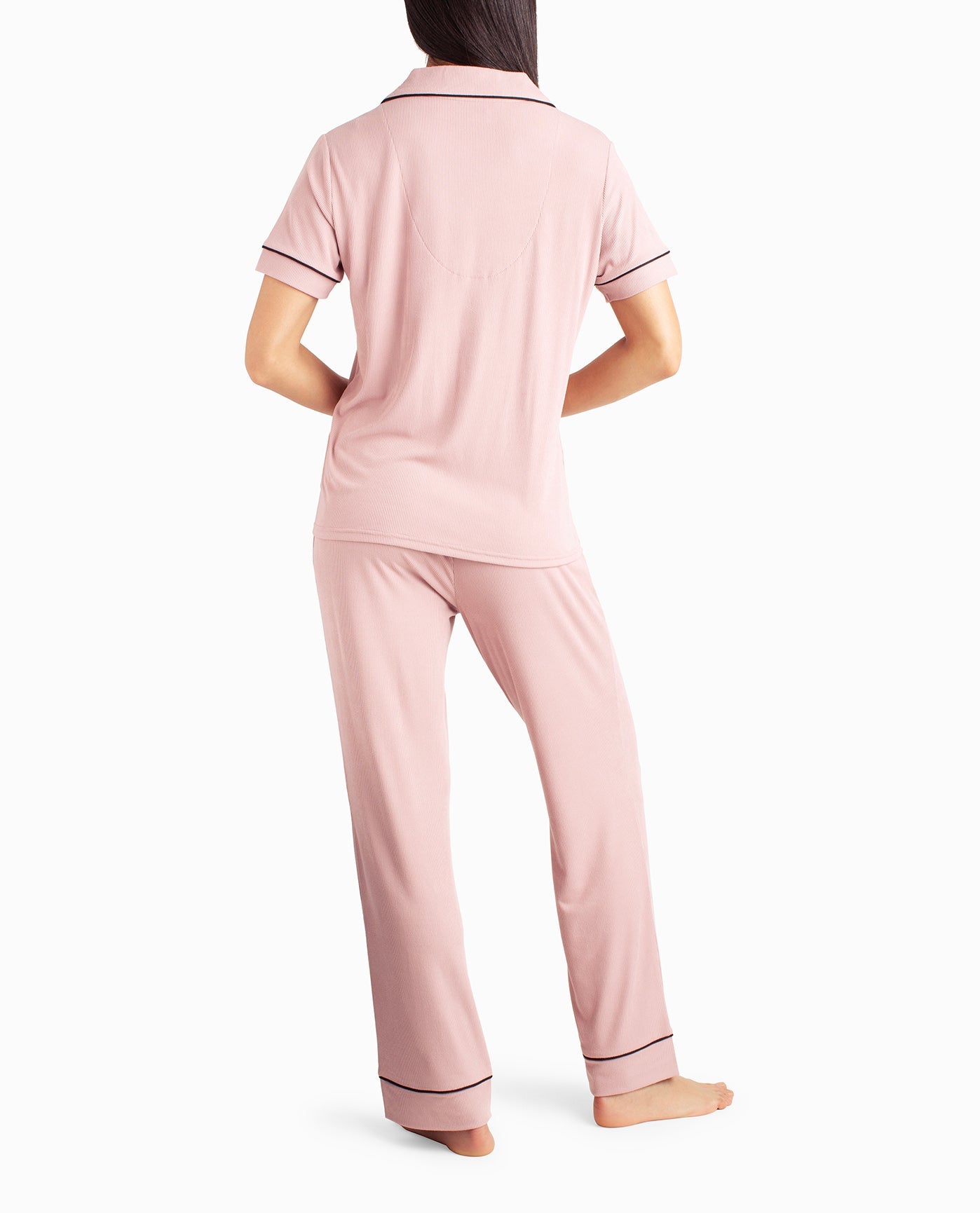 BACK OF RIBBED SHIRT AND PANT TWO-PIECE SLEEPWEAR SET | Gemini