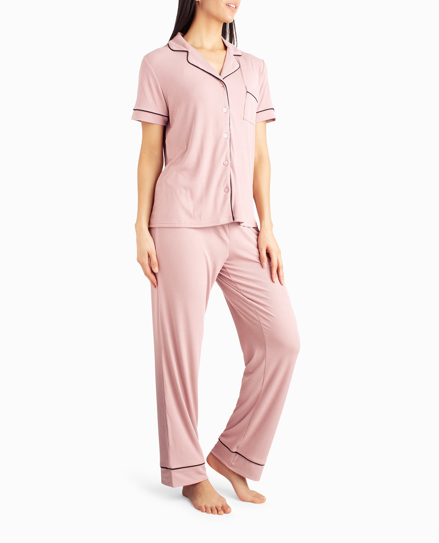 SIDE OF RIBBED SHIRT AND PANT TWO-PIECE SLEEPWEAR SET | Gemini
