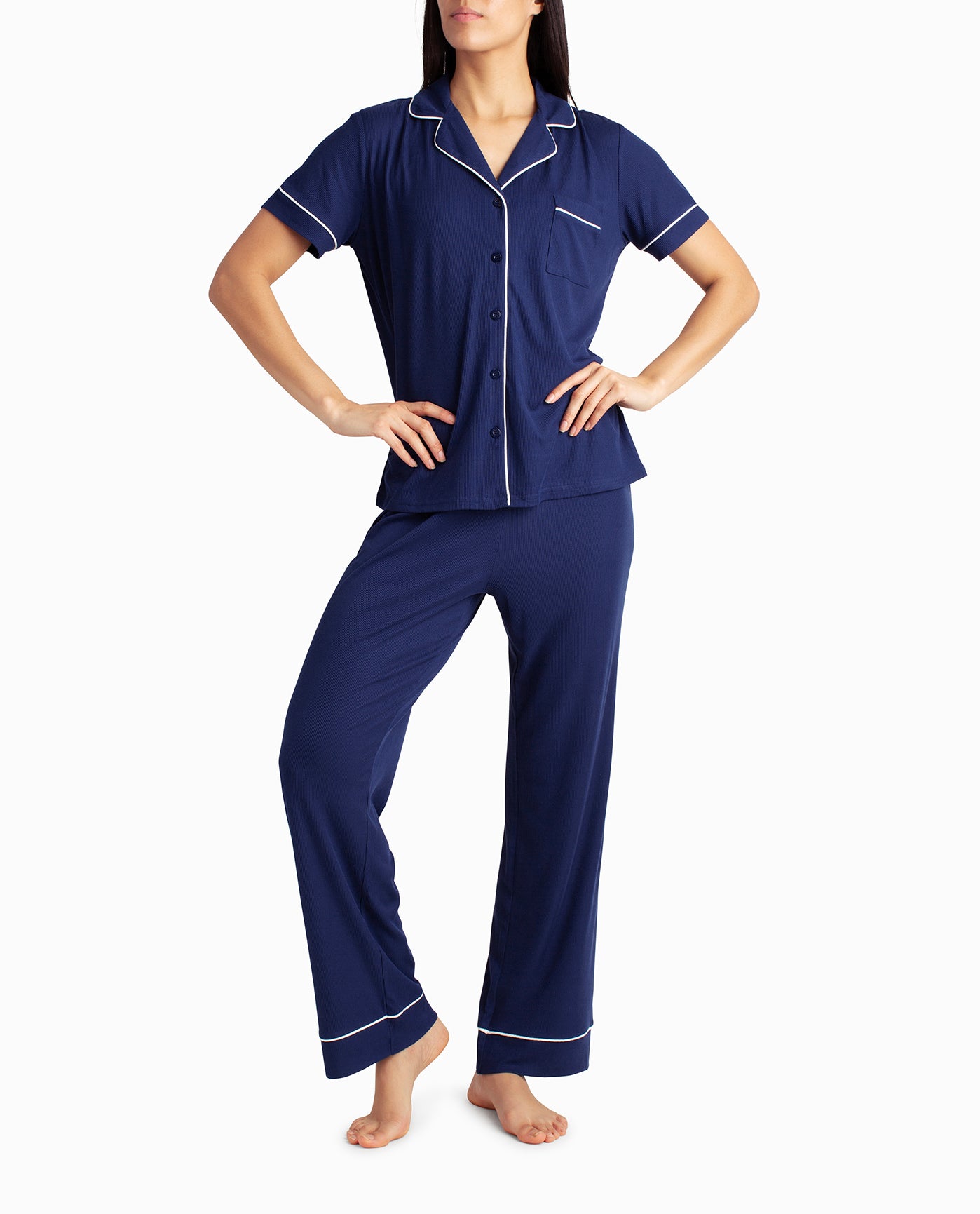 FRONT OF RIBBED SHIRT AND PANT TWO-PIECE SLEEPWEAR SET | Indiglo