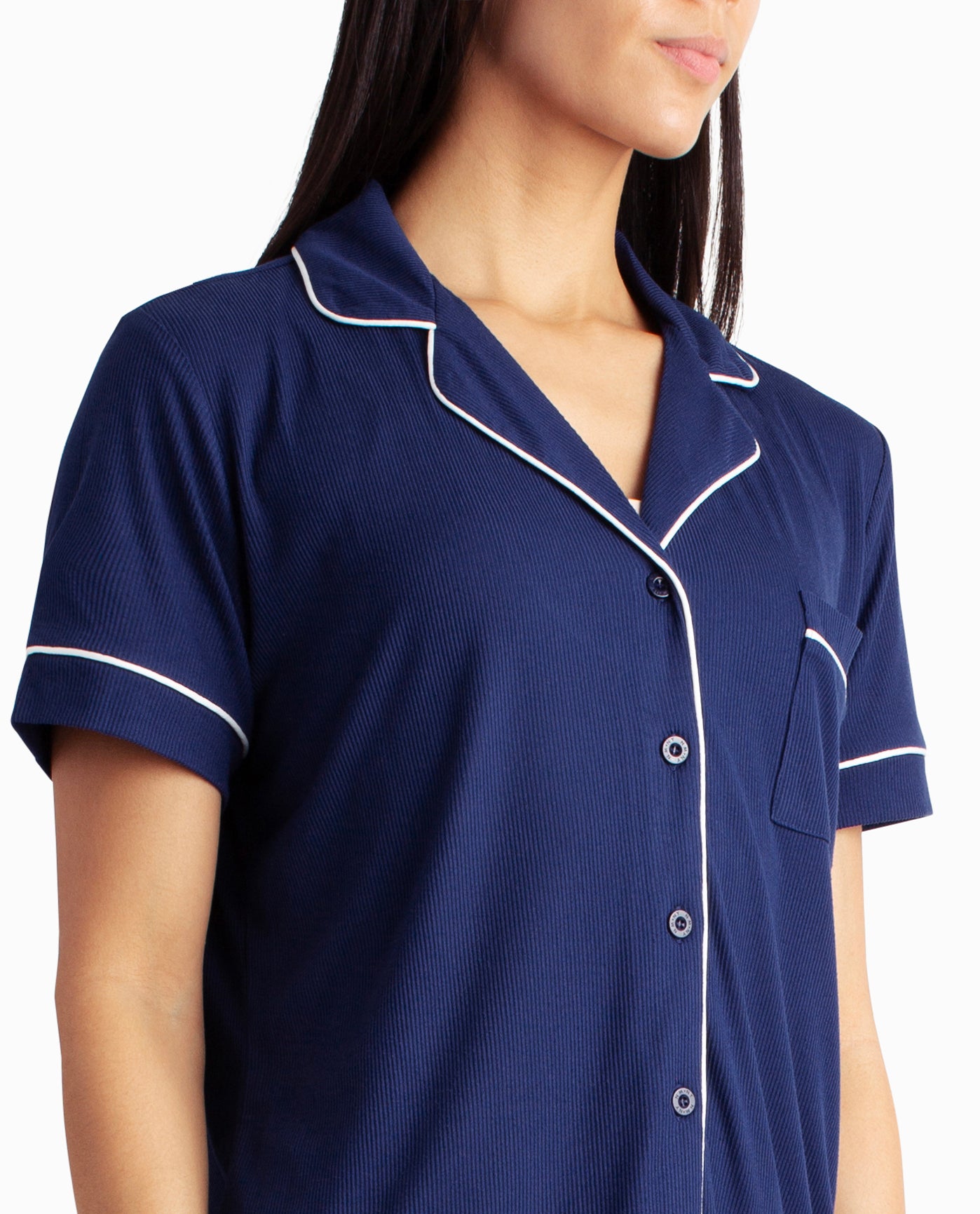 NECKLINE OF RIBBED SHIRT AND PANT TWO-PIECE SLEEPWEAR SET | Indiglo