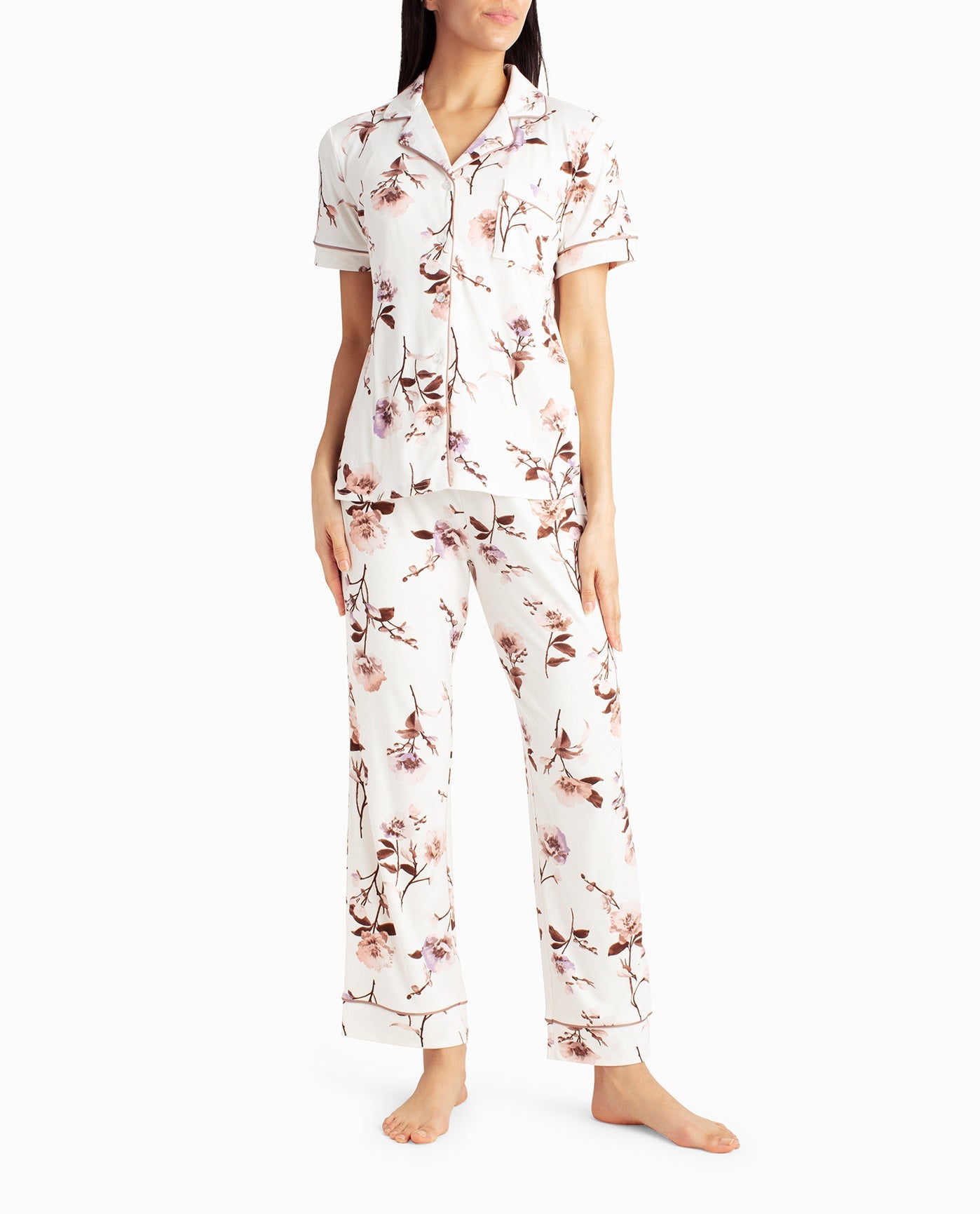 FRONT OF RIBBED SHIRT AND PANT TWO-PIECE SLEEPWEAR SET | Peony Floral