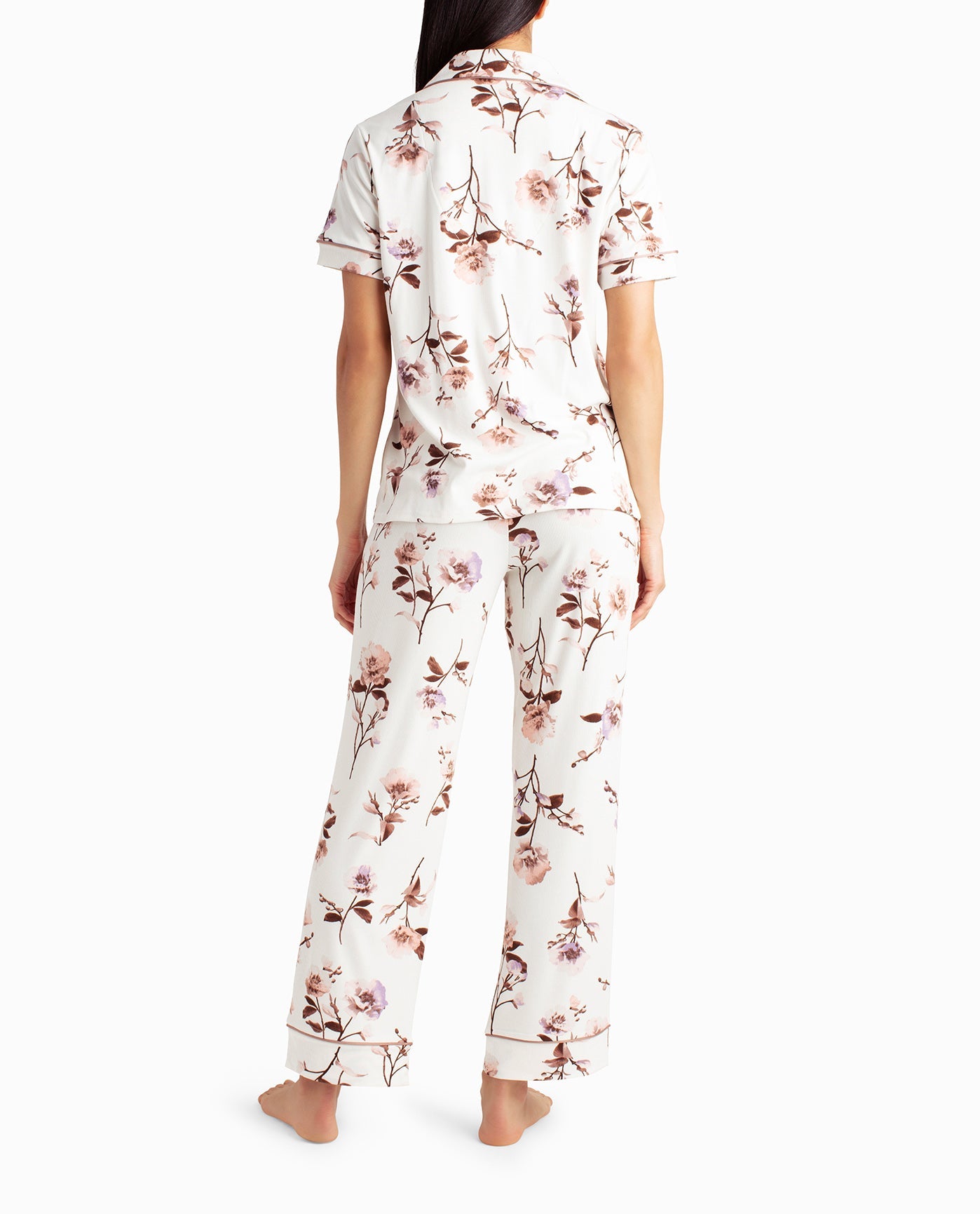 BACK OF RIBBED SHIRT AND PANT TWO-PIECE SLEEPWEAR SET | Peony Floral
