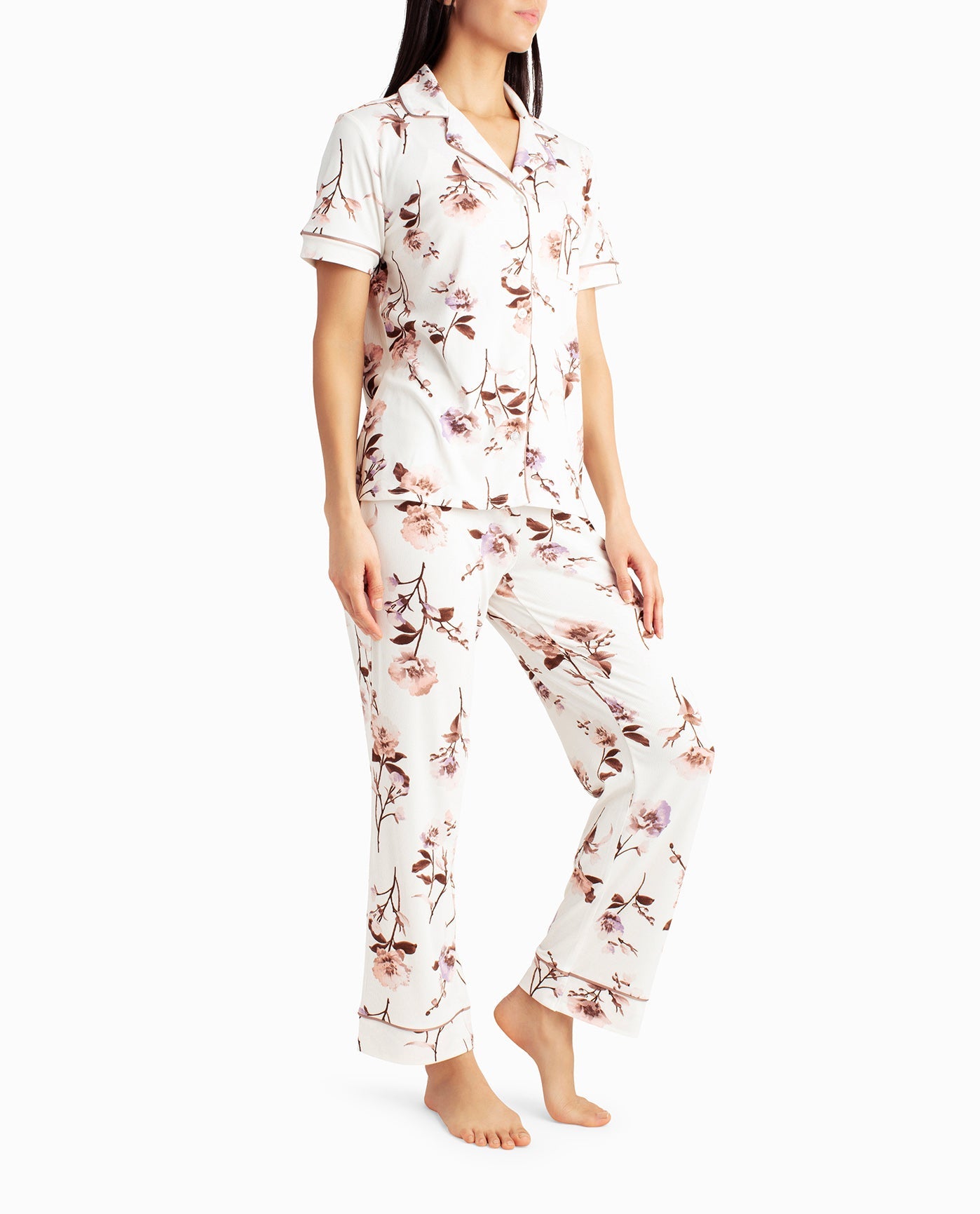 SIDE OF RIBBED SHIRT AND PANT TWO-PIECE SLEEPWEAR SET | Peony Floral
