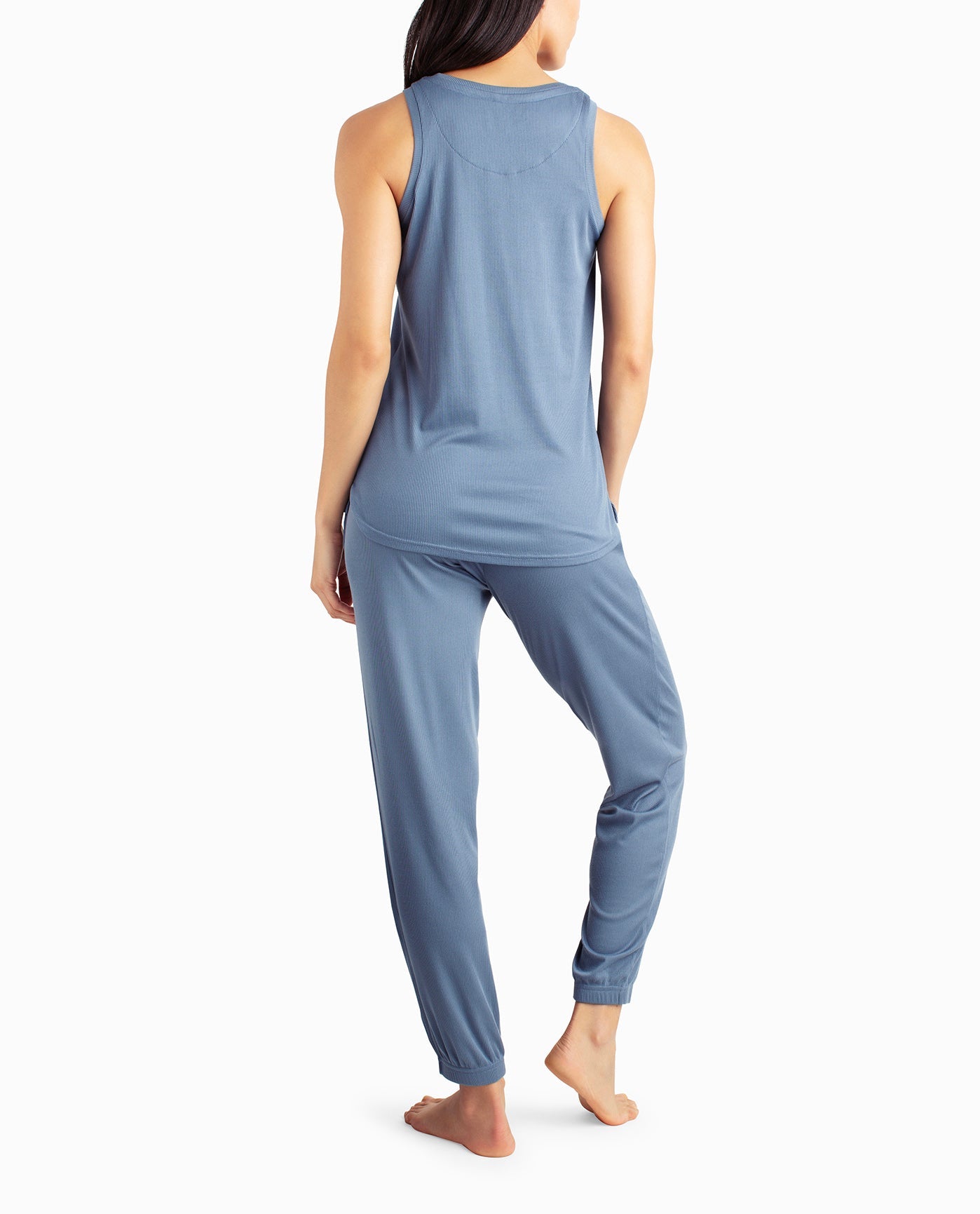 BACK OF RIBBED HIGH NECK TANK AND GYM PANT TWO-PIECE SLEEPWEAR SET | Blue Chinoise