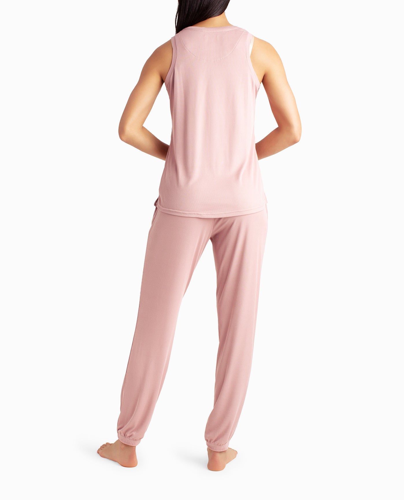 BACK OF RIBBED HIGH NECK TANK AND GYM PANT TWO-PIECE SLEEPWEAR SET | Gemini