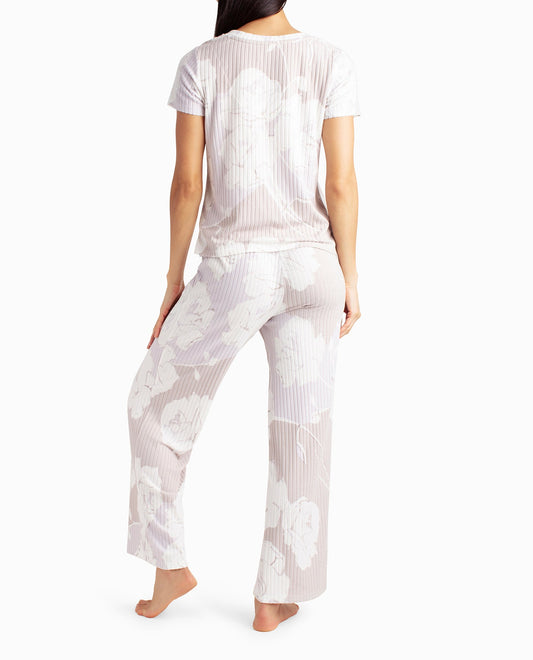 BACK OF RIBBED CROPPED V-NECK AND OPEN PANT TWO-PIECE SLEEPWEAR SET | Morning Fog