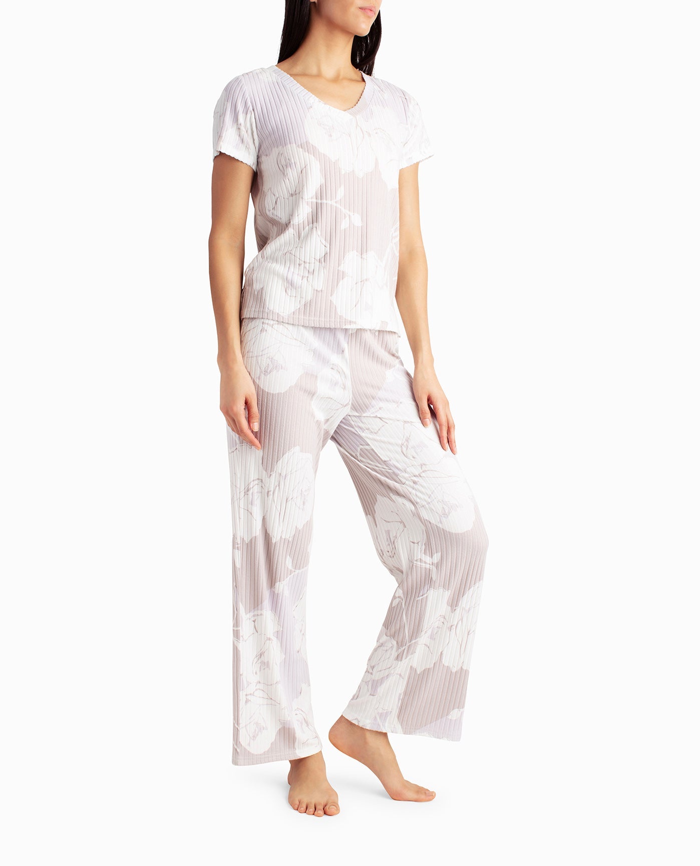 SIDE OF RIBBED CROPPED V-NECK AND OPEN PANT TWO-PIECE SLEEPWEAR SET | Morning Fog