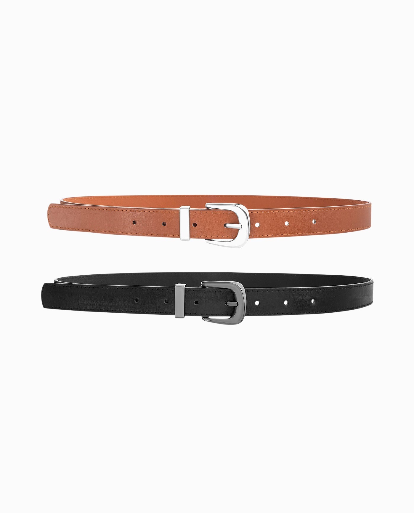 METAL BUCKLE THIN BELT TWO-PIECE SET | Black and Brown