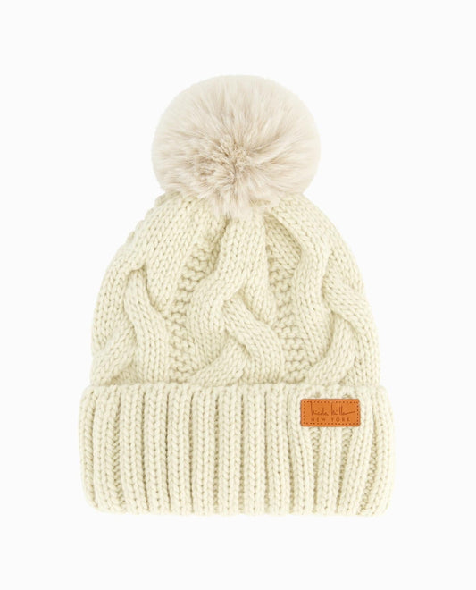 FRONT OF CABLE KNIT POM BEANIE | Oatmeal