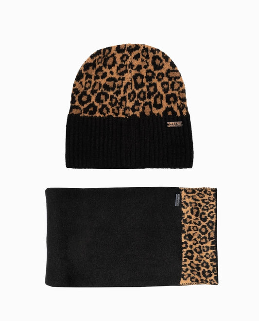 LEOPARD BEANIE AND SCARF SET IMAGE | Black and Brown Leopard