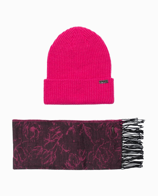 FLORAL BEANIE AND SCARF SET IMAGE | Floral Pink and Black