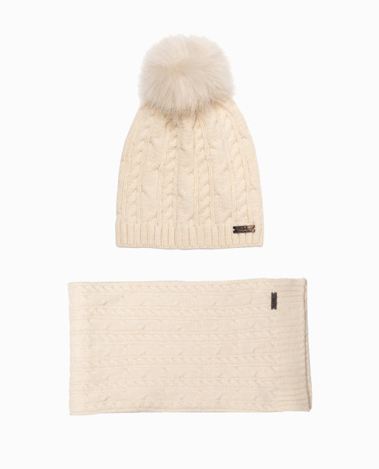 CABLE KNIT BEANIE & SCARF SET IMAGE | Oatmeal