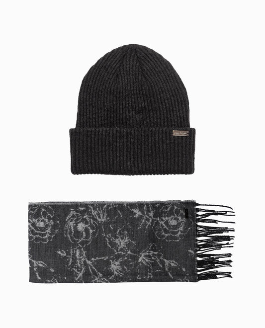 FLORAL BEANIE AND SCARF SET IMAGE | Floral Black and White