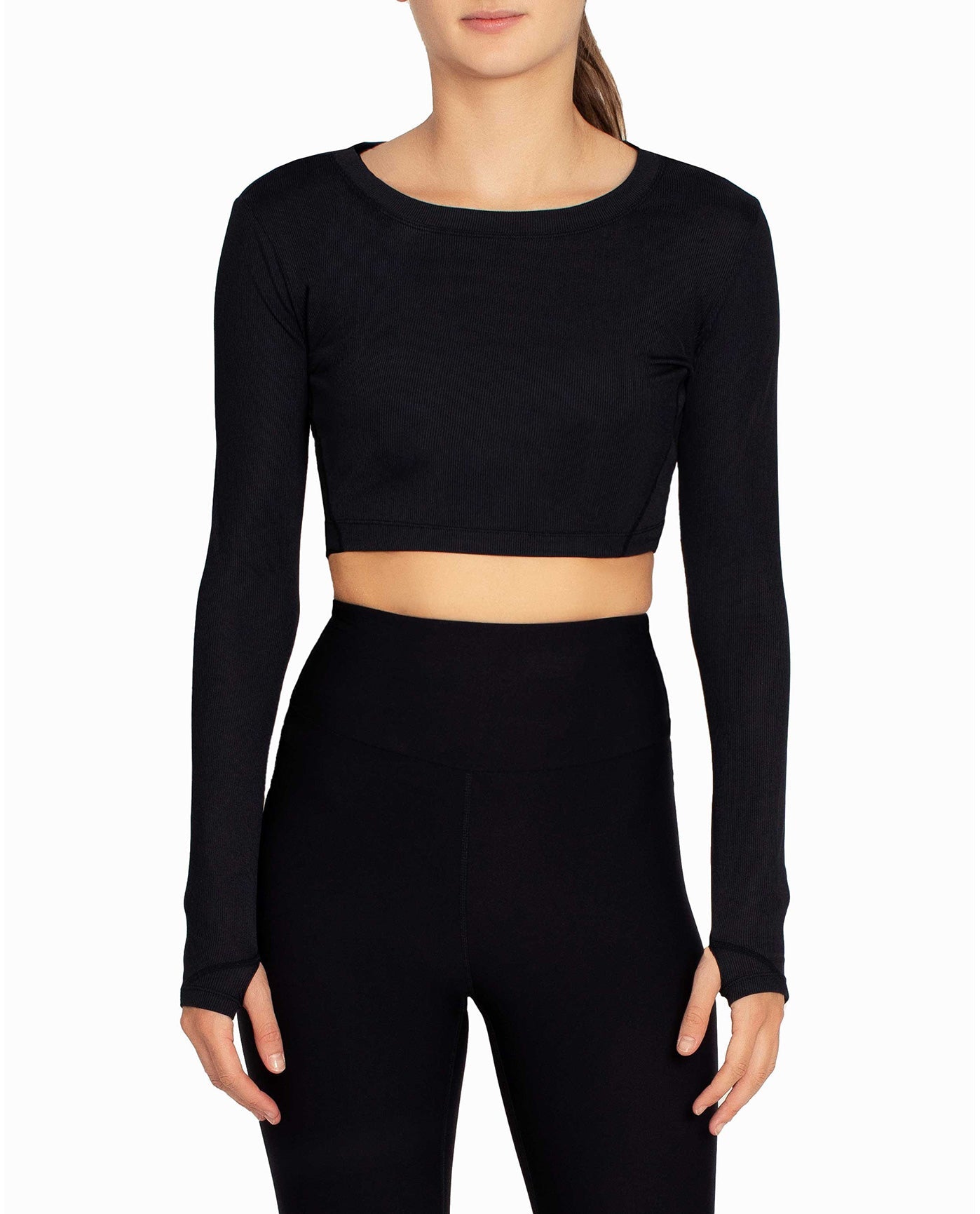 FRONT OF CROPPED ACTIVE LONG SLEEVE TOP | JET BLACK