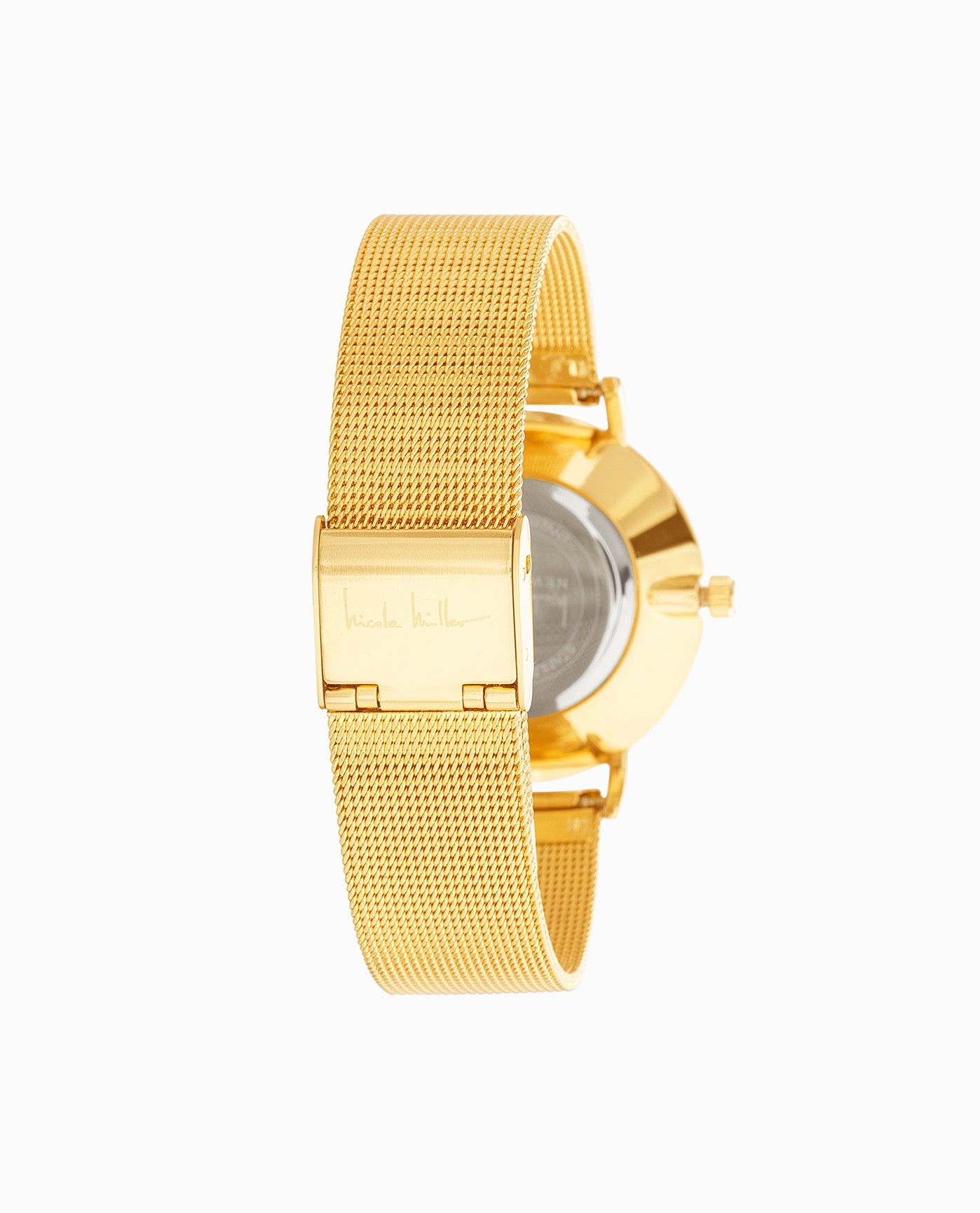 PINK/GOLD TONE STAINLESS STEEL BRACELET WATCH, 35mm BAND CLOSE UP | Gold And Pink