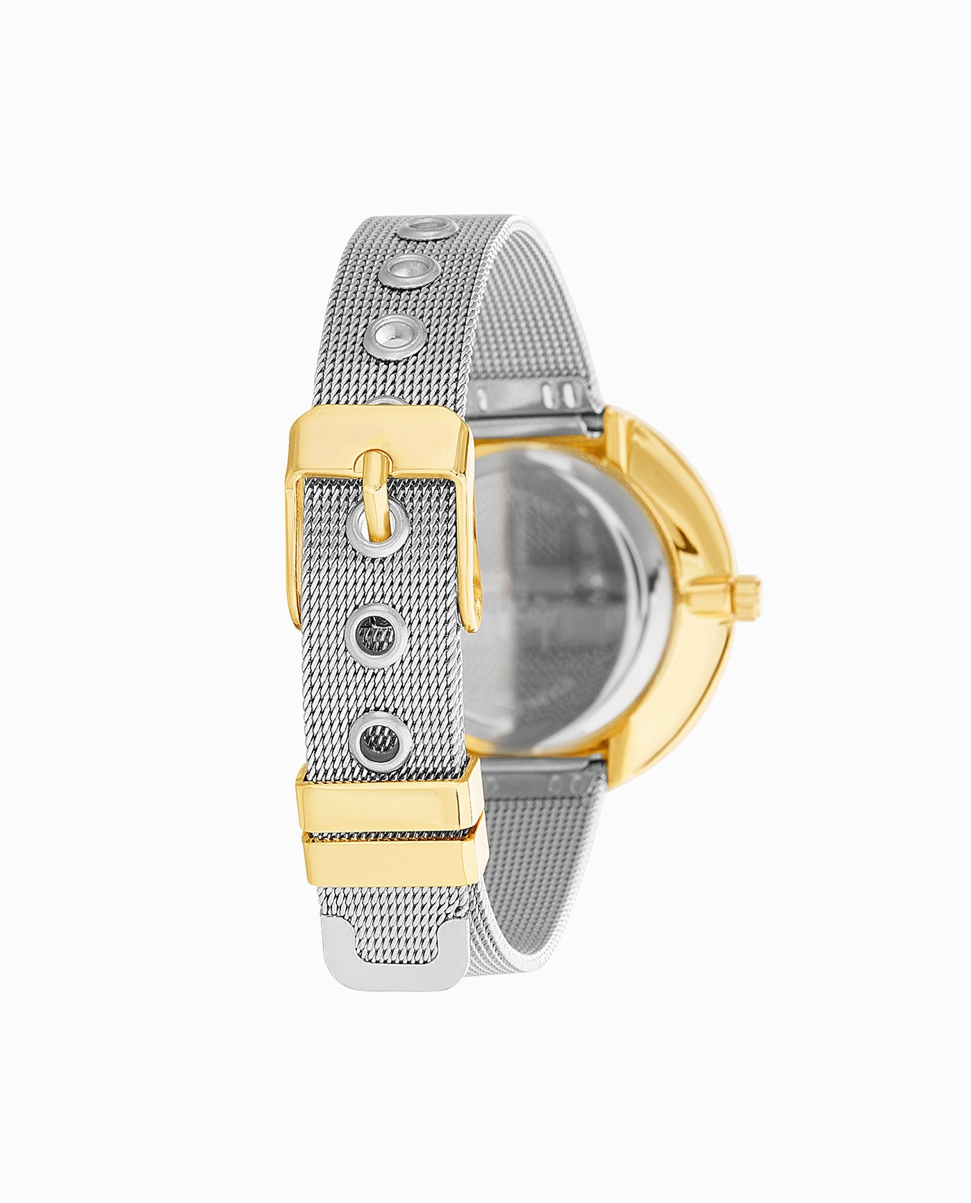 GOLD TONE STAINLESS STEEL STRAP WATCH, 36mm BAND CLOSE UP | Gold And Silver