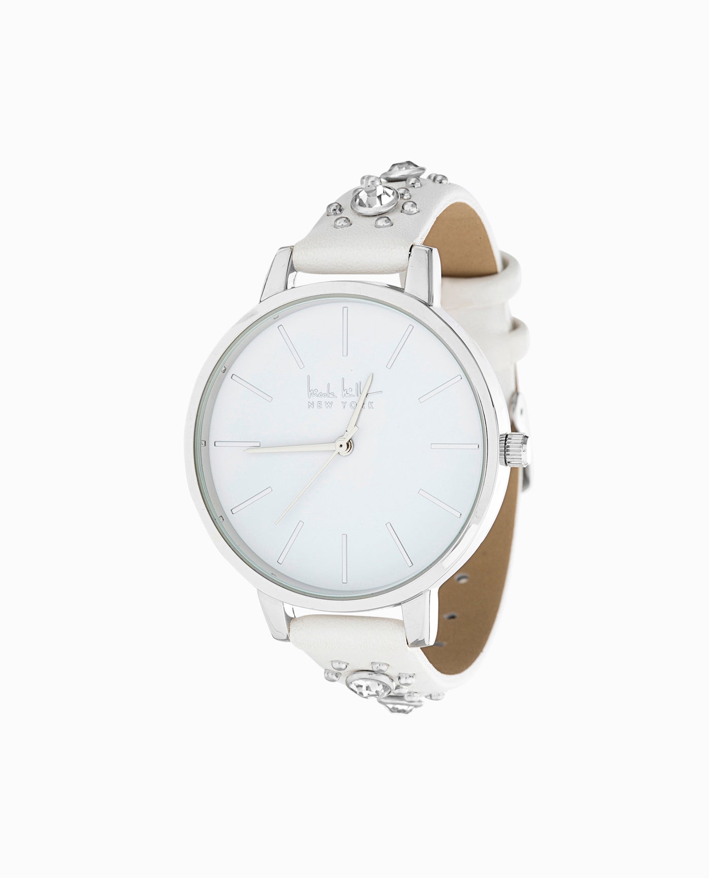 FRONT OF SILVER TONE CRYSTAL STUDDED STRAP WATCH, 38MM | White